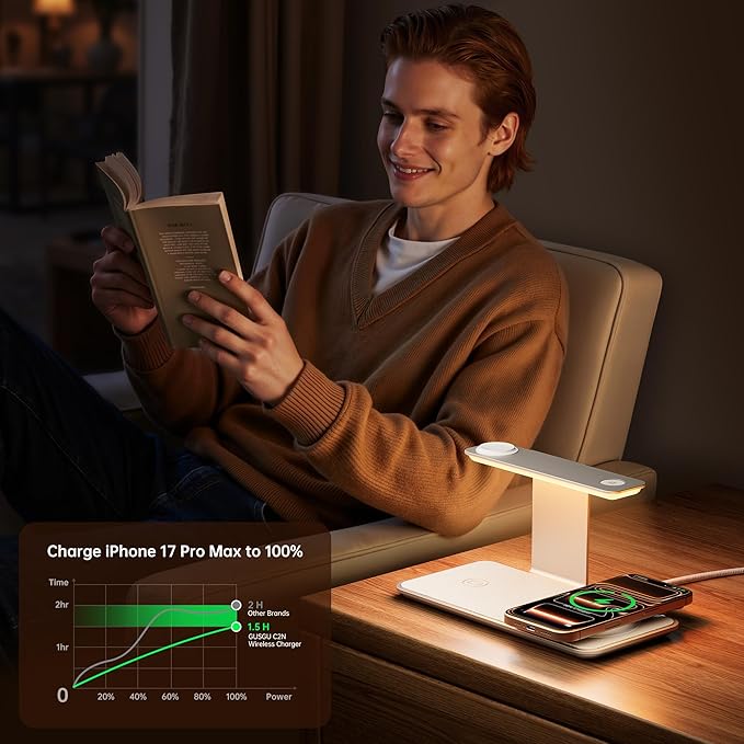 GUSGU 3 in 1 Charging Station for MagSafe Wireless Charger with Three-Level Night Light, 15W Max Fast Charging for iPhone 17/16/15/14/13/, Apple Watch Series 2-11/SE 3/ Ultra 3, AirPods Pro 3-Gray