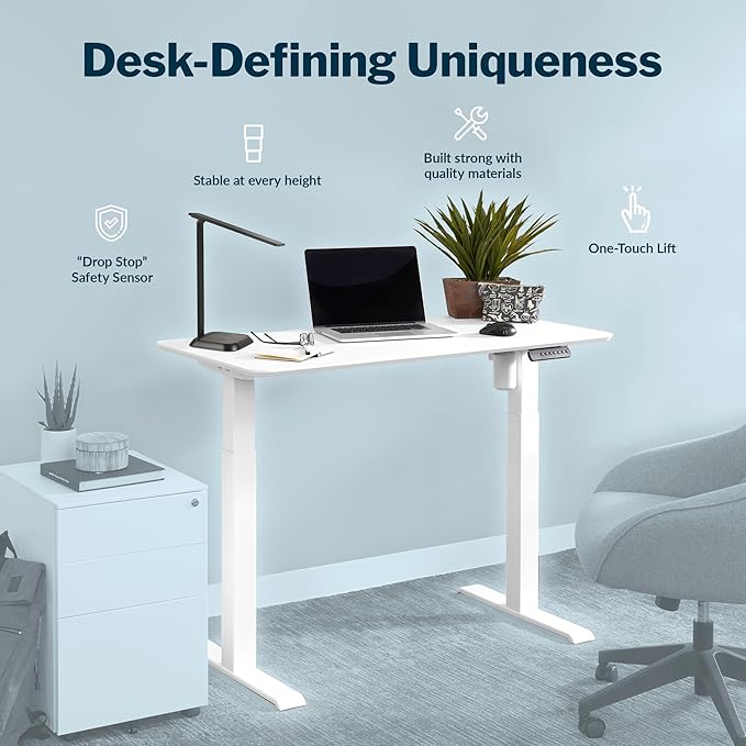 Vari Essential Electric Standing Desk for Home Office – 48x24 Sit-Stand VariDesk, 4 Memory Height Presets, 2-Piece Laminate Wood Top, Sturdy T-Style Legs, Supports 150 Lbs + Easy Assembly (White)