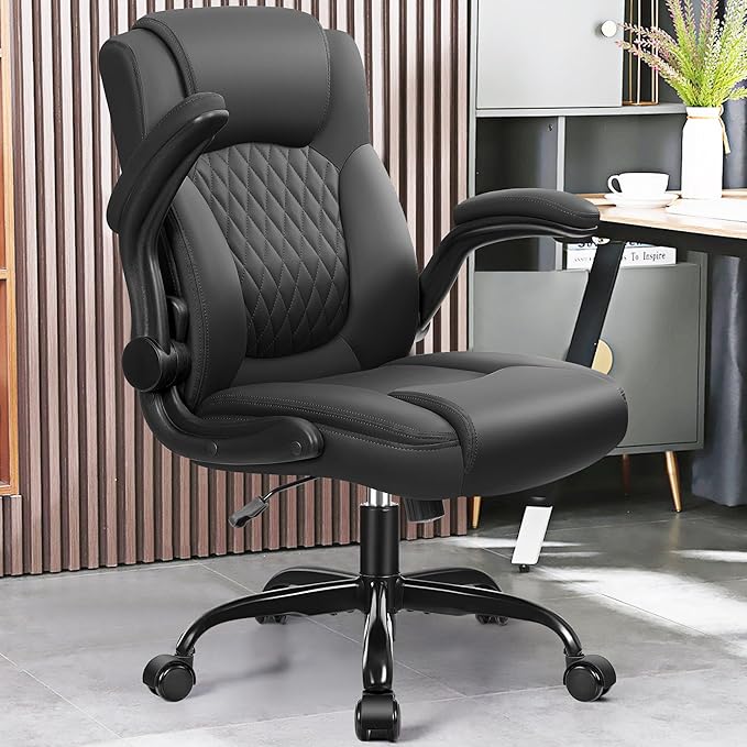 Leather Office Chair, PU Home Computer Desk Chairs with Ergonomic Back Support, 360°Swivel Free,Small Gaming Chair with Wheels and Adjustable Armrests, for Short People Use, Black