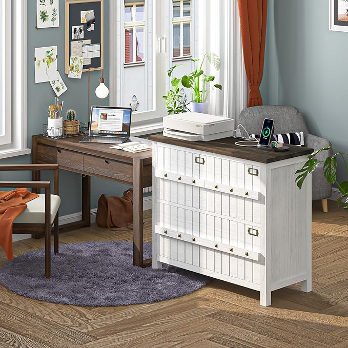 TVU Farmhouse 3 Drawer File Cabinet with Charging Station, Solid Lateral Filing Cabinet for Home Office, Office Organizer for Legal/Letter/A4/Folders File - Beside Desk Printer Stand