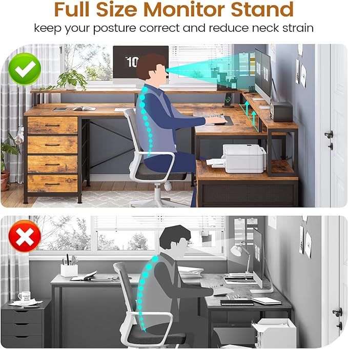 SEDETA L Shaped Desk with 6 Drawer, 108" Home Office Desk with File Drawer & Power Outlet, Corner Computer Desk with Monitor Shelf, Two Person Desk, Gaming Desk with Led Lights, Rustic Brown