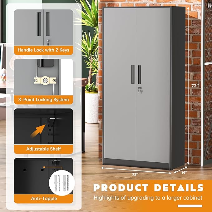 Greenvelly Metal Storage Cabinet, Locking Steel Garage Cabinets with Doors and Adjustable Shelves, Metal Tool Cabinets for Garage,Home Office,School (Black Grey)