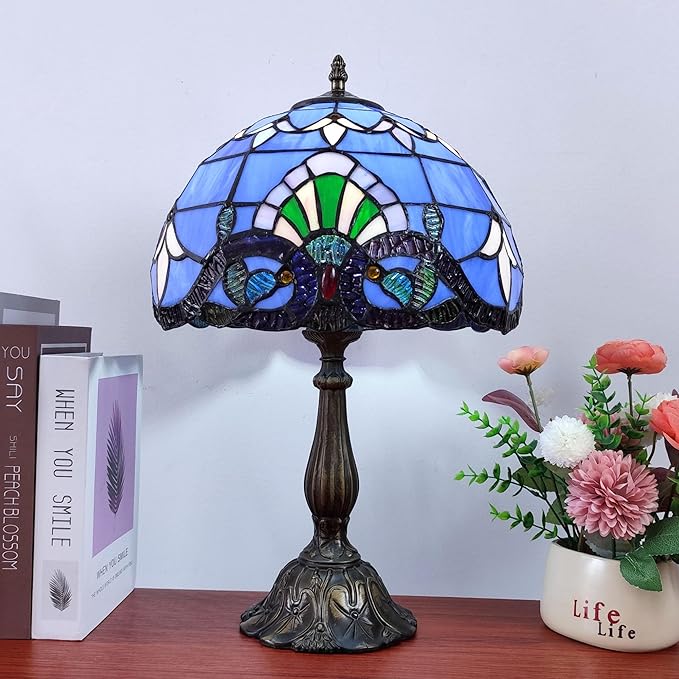 Tiffany Table Lamp 12X12X19 Inch Stained Glass Lamp Blue Baroque Style Antique Bedside Desk Nightstand Light for Bedroom Living Room Home Office Include 3-Color LED Bulb