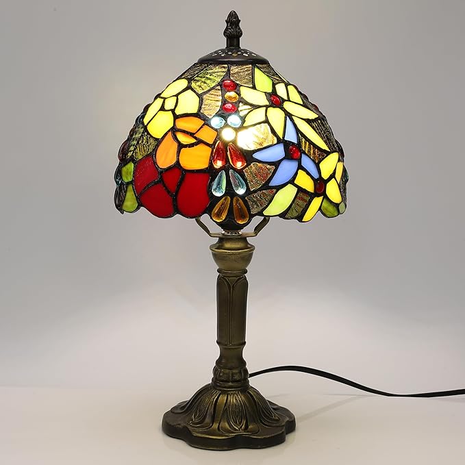 Tiffany Small Table Lamp 3 Color Temperatures Rose and Beads Stained Glass Bedside Nightstand Table Lamps for Bedroom,Living Room,Home Office Reading Desk Lamp+LED Bulb 8X8X15 Inch