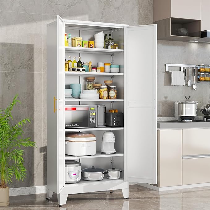 White Metal Storage Cabinet,75" Steel Cabinets for Home Office, Kitchen Pantry Storage Cabinet with Doors and 5 Adjustable Shelves, Tool Cabinets, for Office, Home, Garage, School