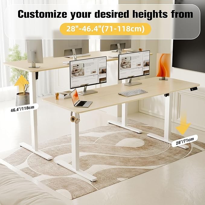 ERGOMAKER Electric Standing Desk, 67" x 23.6" Height Adjustable Sit Stand Desk with Splice Board for Home Office, Computer Desk Memory Preset (White Frame, Gold Oak Desktop)