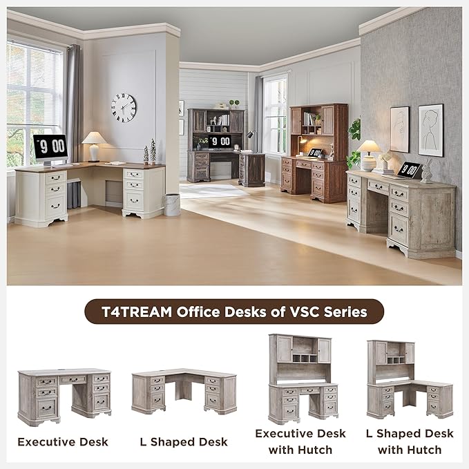 T4TREAM 59" Executive L Shaped Desk with Drawers,Farmhouse Wood Computer Coner Desk, Featuring Charging Station,File Drawer, Storage Cabinet,for Home Office Work and Study (Light Rustic Oak)