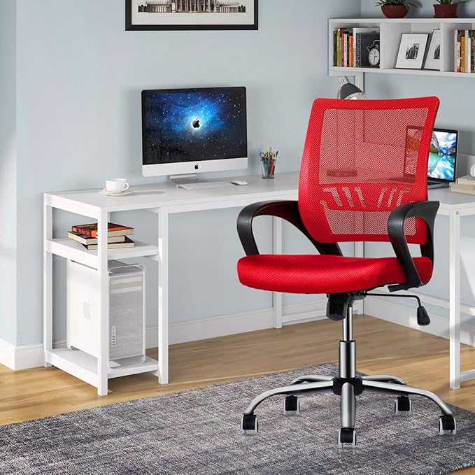 MoNiBloom Mesh Office Home Chair, Mid Back Ergonomic Rolling Swivel Chair with Padded Seat and Armrest, 250 lbs Capacity, Red
