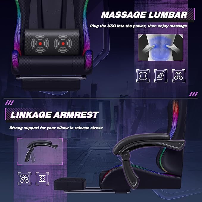 Homall Gaming Chair, Video Game Chair with Footrest and Massage Lumbar Support, Ergonomic Computer Chair Height Adjustable with Swivel Seat and Headrest (RGB Dark Black)