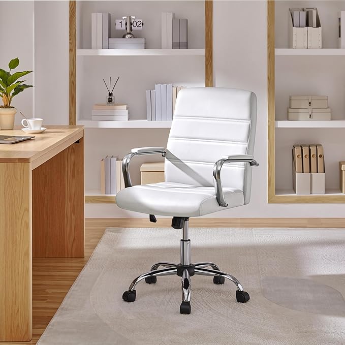 Yaheetech Office Desk Chair Mid-Back Leather Computer Chair Height Adjustable Ergonomic Executive Chair w/Lumbar Support Comfy Thick Padded Armrests and Seat, White