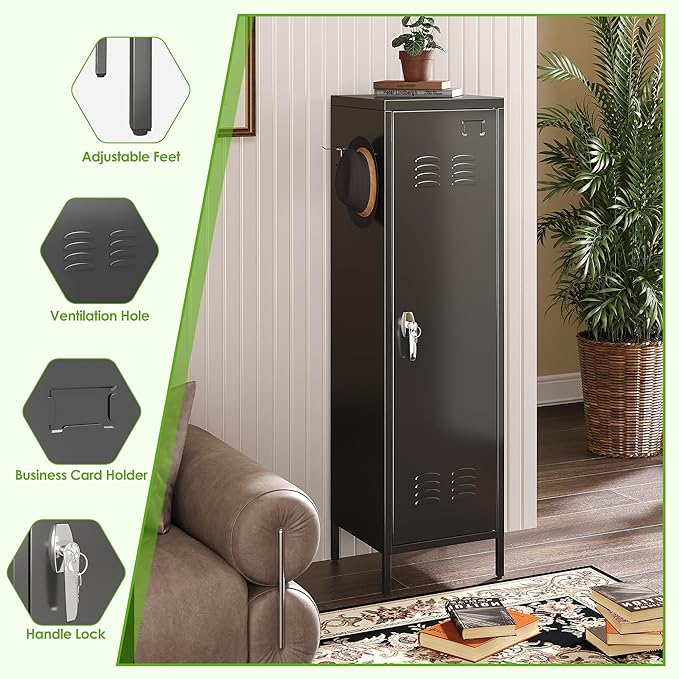 1 Door Metal Storage Locker with Handle and Hanging Rod,Metal Locker for Employees with Pegboard and Hooks for Gym, School, Office,Home,Garage,Grey,Assembly Required,Black