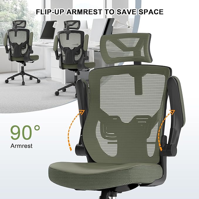 Home Office Chair, Ergonomic Comfy Desk Chair, High Back Computer Chair- Adjustable Headrest with Flip-Up Arms, Lumbar Support, Swivel Executive Task Chair (Hunter Green, Modern)