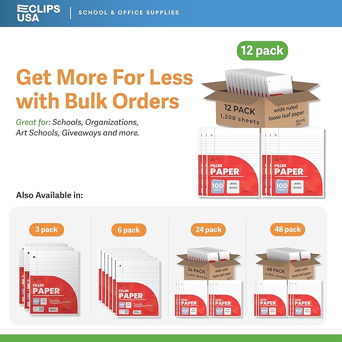 Notebook Paper, Loose Leaf, Wide Ruled, 10.5' x 8', 100 Sheets, 60 gsm (12 Pack)