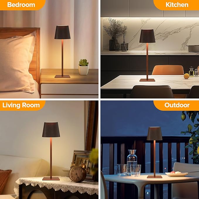 LUTEC 2 Pack Cordless Table Lamp,6000mAh Rechargeable Battery Operated Desk Lamp,Two Adjustable Heights,Waterproof, Touch Control & 3 Color Stepless Dimming for Restaurant/Bedroom/Bars/Outdoor (Brown)