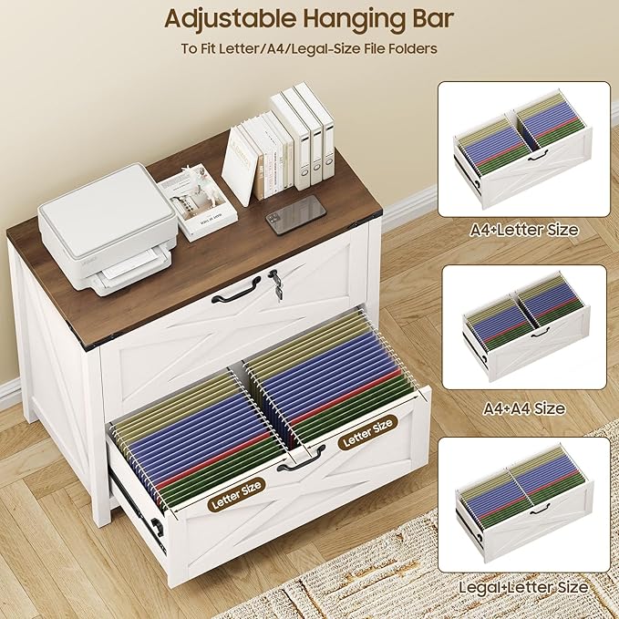 2 Drawer File Cabinet with Lock, Farmhouse Lateral Filing Cabinet Fits Letter/A4/F4/Legal Size, Wooden File Cabinets Printer Stand for Home Office, White
