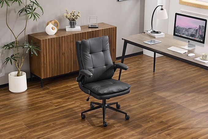 VINGLI Comfy Black Leather Office Desk Chair,Ergonomic High-Back Support Computer Gaming Chair with/No Wheels,Dual-Base,Adjustable Height,Flip-Up Arms,360° Swivel Rolling Task Chair for Home Office