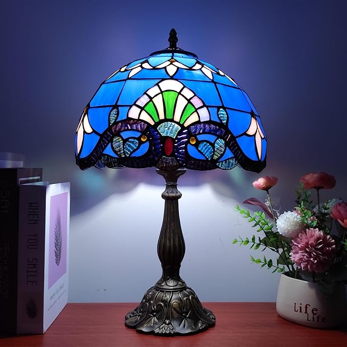 Tiffany Table Lamp 12X12X19 Inch Stained Glass Lamp Blue Baroque Style Antique Bedside Desk Nightstand Light for Bedroom Living Room Home Office Include 3-Color LED Bulb