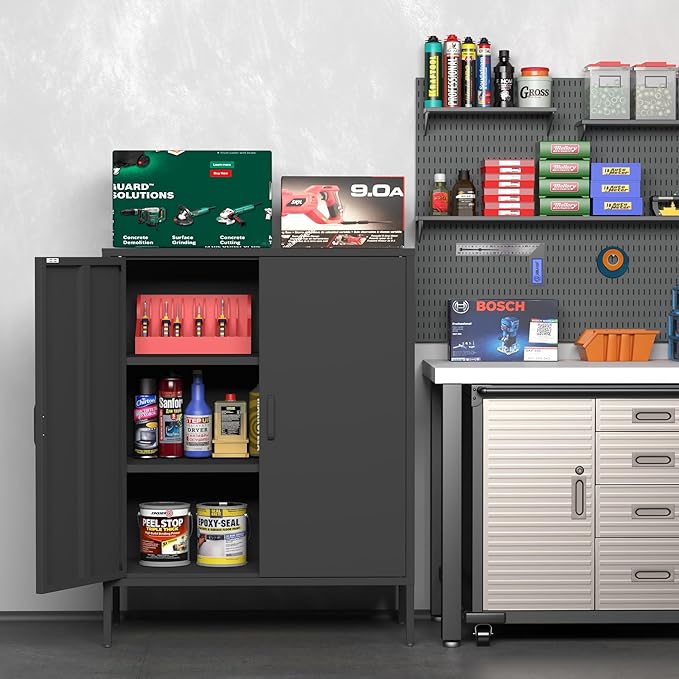 2 Door Metal Storage Cabinet with 2 Shelves, 3 Tier Garage Storage Locker Cabinet for Home, Entryway, Hallway and Office, Assembly Required, Black, (LC-CSG)