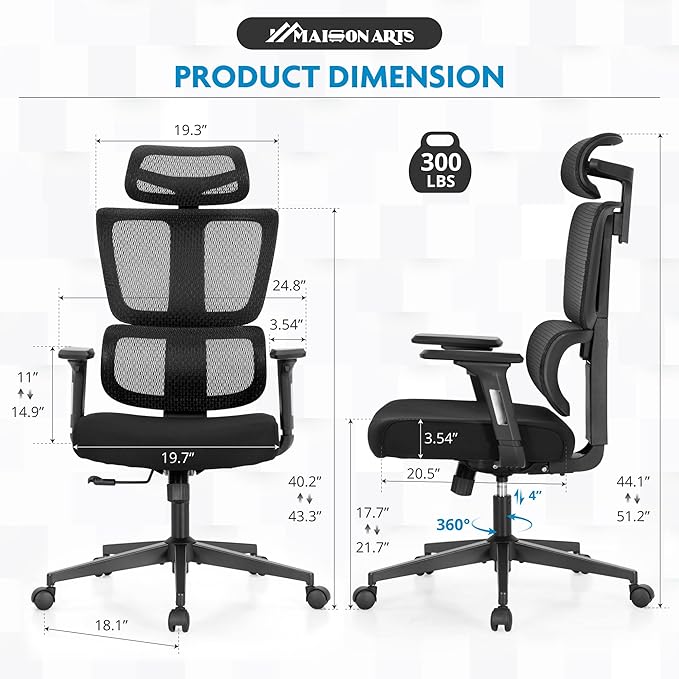 MAISON ARTS Ergonomic Mesh Office Chair, High Back Comfortable Task Chair, Modern Desk Chair with Adjustable Lumbar Support and Headrest - Extra Support for Neck and Upper Back