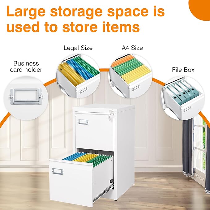 Metal Vertical File Storage Cabinet, 2 Drawer File Cabinet with Lock, 18" Deep Vertical Filing Cabinets for A4 Legal/Letter Size, Assembly Required (2 Drawer - White)