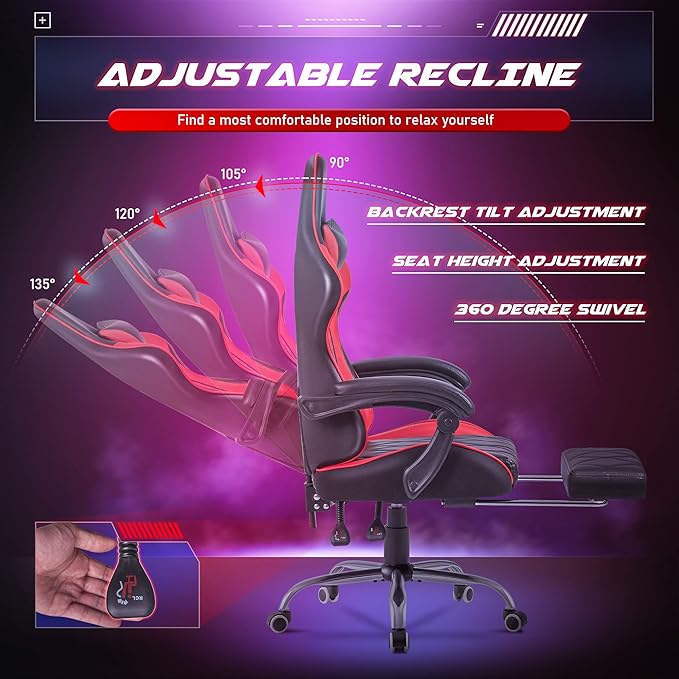Homall Gaming Chair, Computer Chair with Footrest and Massage Lumbar Support, Ergonomic High Back Video Game Chair with Swivel Seat and Headrest (Red)