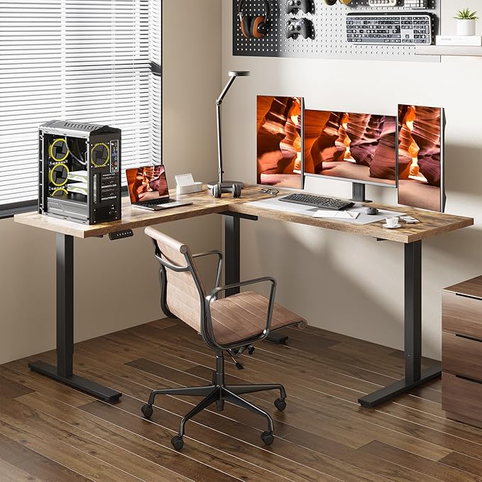 L-Shaped Standing Desk, 71 x 63 Inches Height Adjustable Desk, Sit and Stand up for Work Office Home, Ergonomic Rising Computer Table for Home Office with Splice Board, Rustic Brown