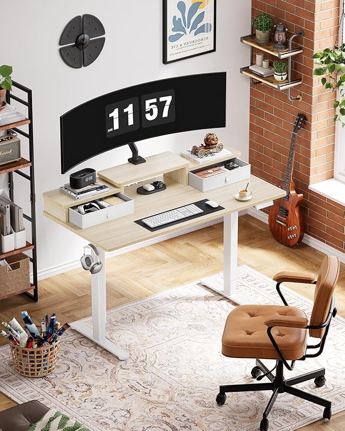Marsail Electric Standing Desk with Drawers, 55″ x 28″ Height Adjustable Sit Stand Up Desk with Storage Shelf, Ergonomic Home Office & Computer Table with 4 Memory Heights, Maple