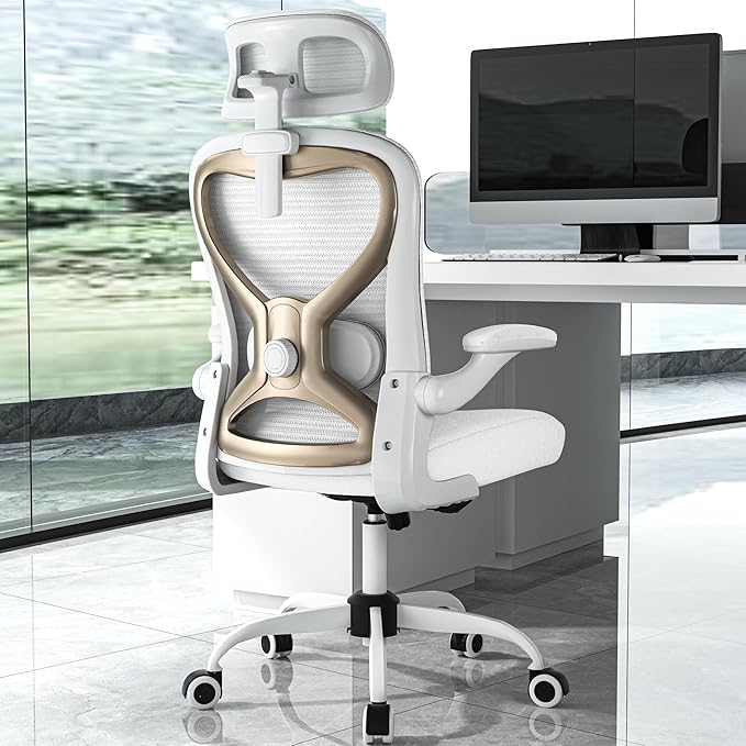 Office Chair for Back & Neck Pain Relief, Virgin Foam Seat, 2D Adjustable Lumbar & 3D Headrest, Flip-Up Armrests, Tilt & Rock for Relaxation, White/Gold
