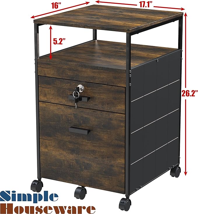 SHW Box File Rolling Mobile Cabinet with Open Shelf and Lockable Drawer, Rustic Brown
