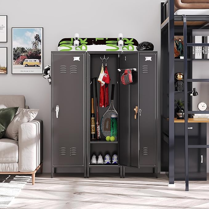 1 Door Metal Storage Locker with Handle and Hanging Rod,Metal Locker for Employees with Pegboard and Hooks for Gym, School, Office,Home,Garage,Grey,Assembly Required,Black