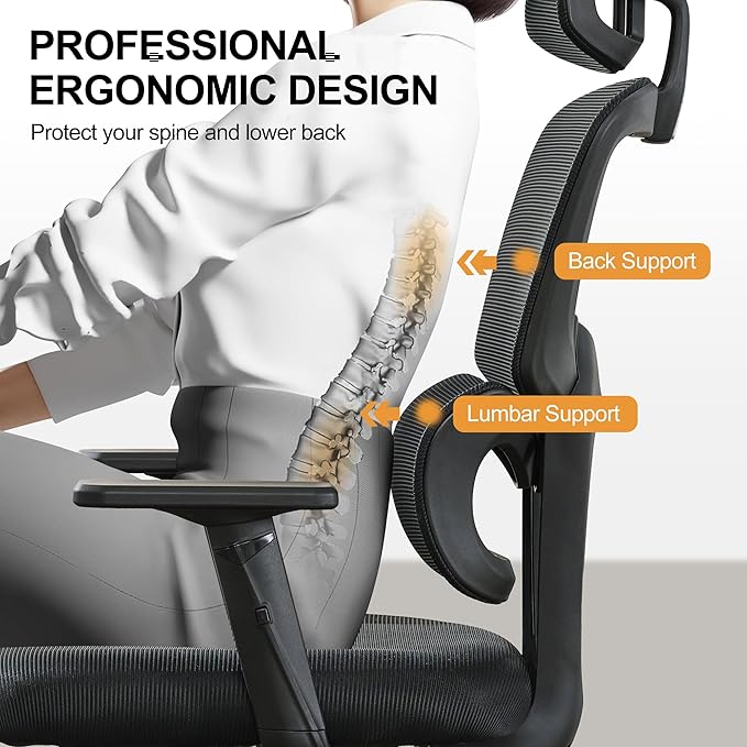 Ergonomic Office Chair,Home Mesh Office Desk Chairs,High Back Office Chair 330 LBS,Swivel Computer Task Chair with 2D Armrest,Lumbar Support,Adjustable Headrest,Rocking Function (Black)