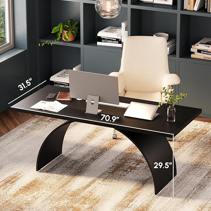 homary 70.9" Industrial Executive Desk, Black Top Desk Modern Home Desk with Arched Design Legs for Study, Office, Home Office