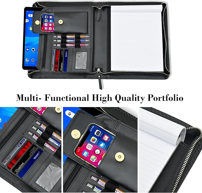 Leather Business Portfolio Padfolio Document Organizer with Writing Pad Resume Professional Interview Zipper Writing Notepad Folder for Men Women (Black)