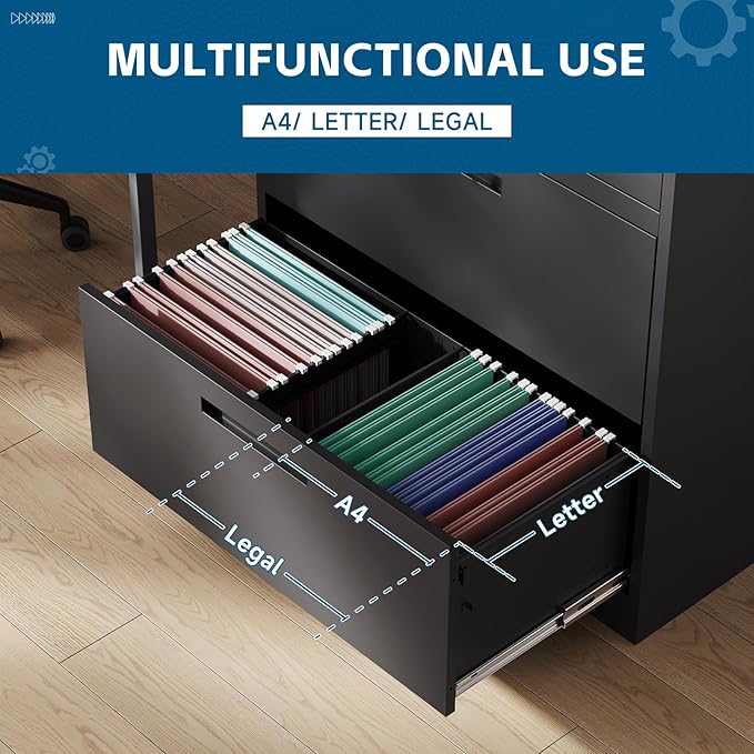 Vertical/Horizontal File Cabinet - 3-Drawer, Locking Metal Cabinet for Home Office, Storage for Legal/Letter/A4 Files - Assemble Required (Black)