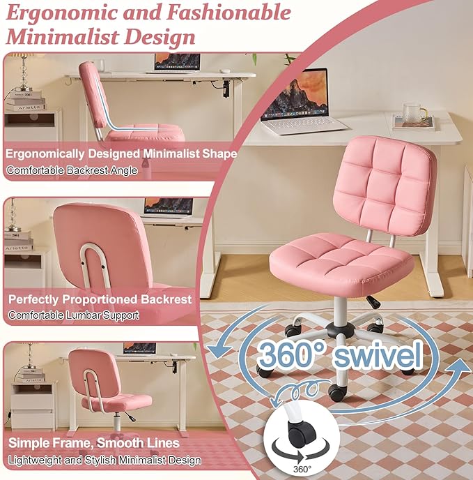 VINGLI Compact Small Desk Chair, Cute Armless Chair with Wheels, Vanity Chair with Low Back, Height Adjustable Task Chair for Small Spaces, Office, Bedroom, Make Up Room, PU Leather, Pink