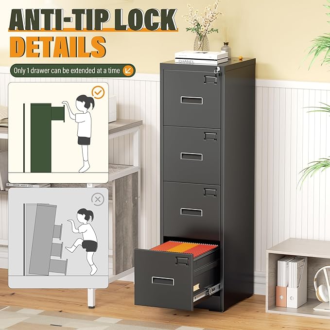 Greenvelly 4 Drawer File Cabinet,Locking Metal Vertical File Cabinet,Office Steel Filing Cabinet for Hanging Letter/Legal Folders,Assembly Required,Black,18" D x 15" W x 52" H