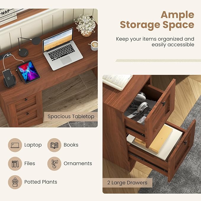 Tangkula Computer Desk with Drawers & Charging Station, Wooden Home Office Desk PC Laptop Notebook Desk, Compact Study Desk Writing Desk, Computer Workstation Ideal for Home & Office