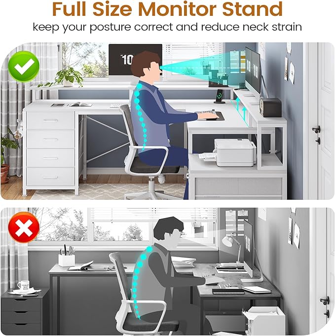 SEDETA L Shaped Desk with 6 Drawer, 108" Home Office Desk with File Drawer & Power Outlet, Corner Computer Desk with Monitor Shelf, File Cabinet, Two Person Desk, Gaming Desk with Led Lights, White