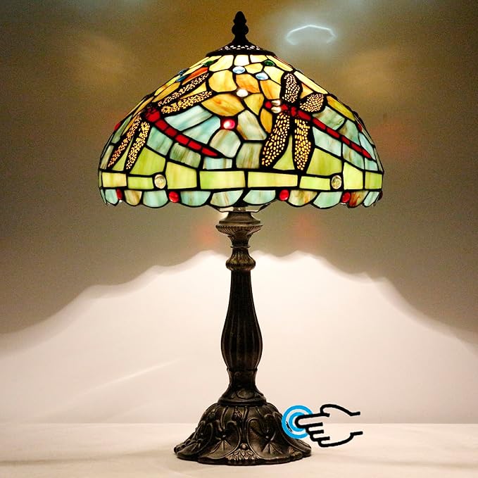 Tiffany Lamp Touch Control Table Lamp Red Stained Glass Desk Lamp 12X12X19 Inches Dragonfly Style Reading Light