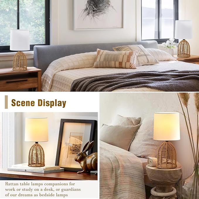 Rattan Lamp Boho Lamps Set of 2-13.75" Mini Farmhouse Table Lamp Rustic End Table Decorative Small Lamps for Small Spaces Bedroom Nightstand Living Room Reading Desk Side Table Lamp