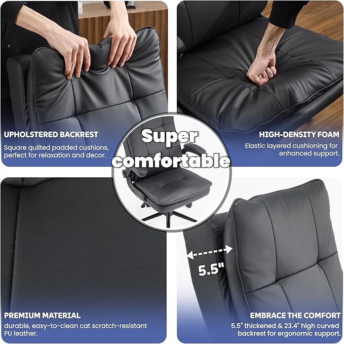 VINGLI Comfy Black Leather Office Desk Chair,Ergonomic High-Back Support Computer Gaming Chair with/No Wheels,Dual-Base,Adjustable Height,Flip-Up Arms,360° Swivel Rolling Task Chair for Home Office