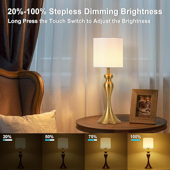 Table Lamp for Bedroom, Cordless Bedside Lamps for Living Room, Touch 3-Way Dimmable Desk Lamp for Night Stands, Rechargeable, Battery Operated Lamp with Fabric Shade for Dorm, Home Office (Brass)