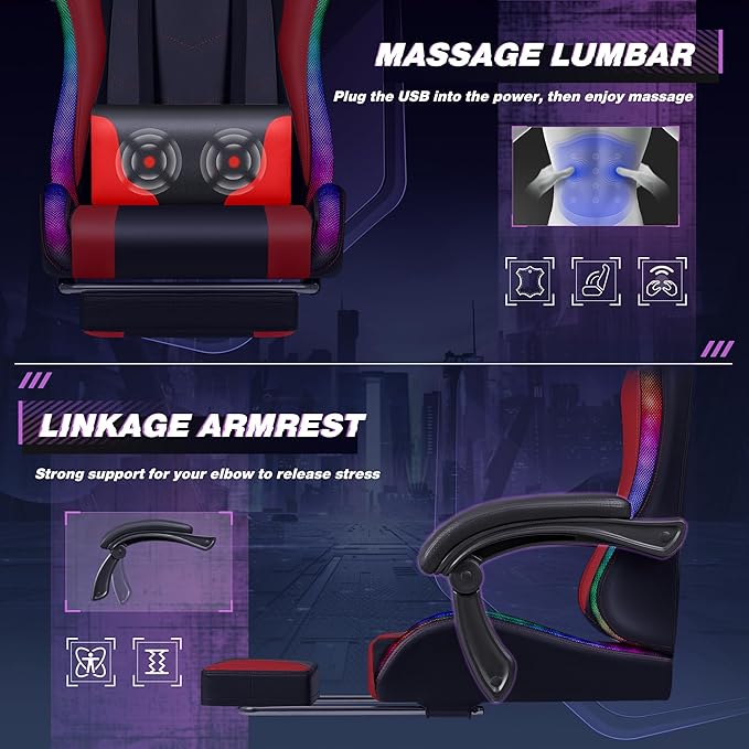 Homall Gaming Chair, Video Game Chair with Footrest and Massage Lumbar Support, Ergonomic Computer Chair Height Adjustable with Swivel Seat and Headrest (RGB Red)