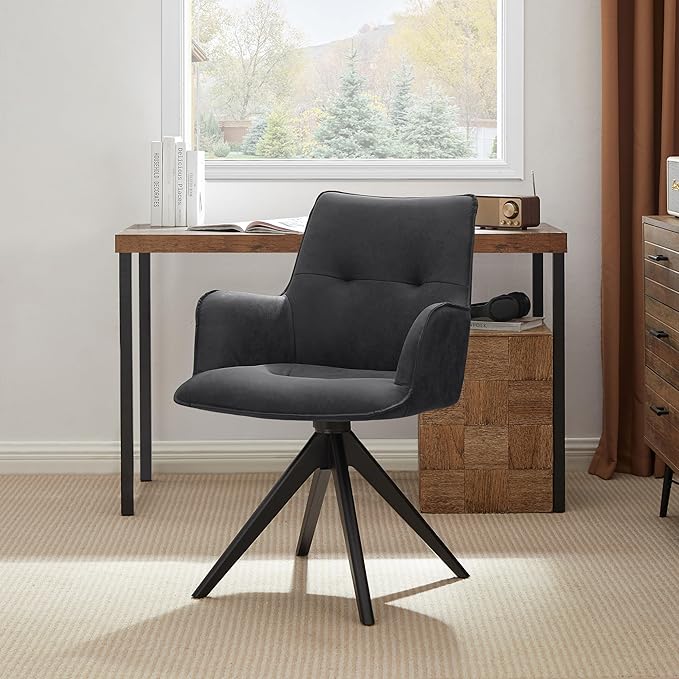 Art Leon Accent Chair Set of 2 - Mid Century Modern Desk Chair No Wheels, Faux Leather Upholstered Office Chair with Black Oak Wood Legs for Small Space Living Room Bedroom, Black