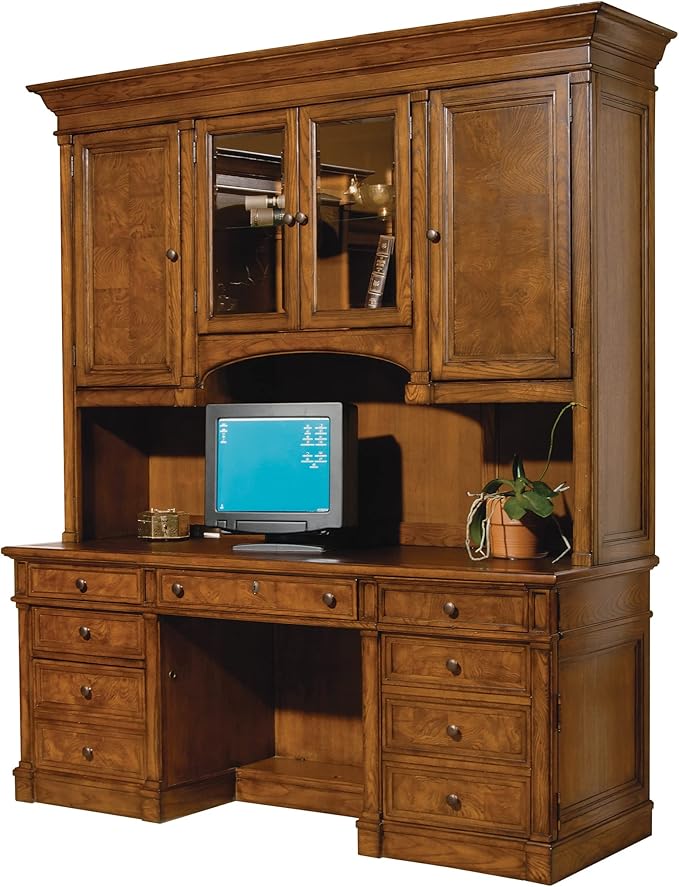 Hekman Furniture Urban Ash Burl Executive Deck – Traditional Office Hutch with Adjustable Shelves, Glass Doors, Task Lighting & Wire Management Classic Burl Wood Desk Storage for Home Office