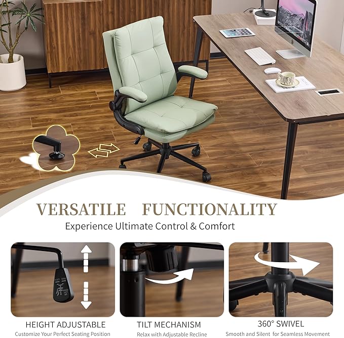 VINGLI Comfy Green Leather Office Desk Chair, High-Back Support Ergonomic Computer Task Gaming Chair,with Removable wheels,360° Swivel,Adjustable Height,Flip-Up Arms,for Adults,Teen,Vanity,Home Office
