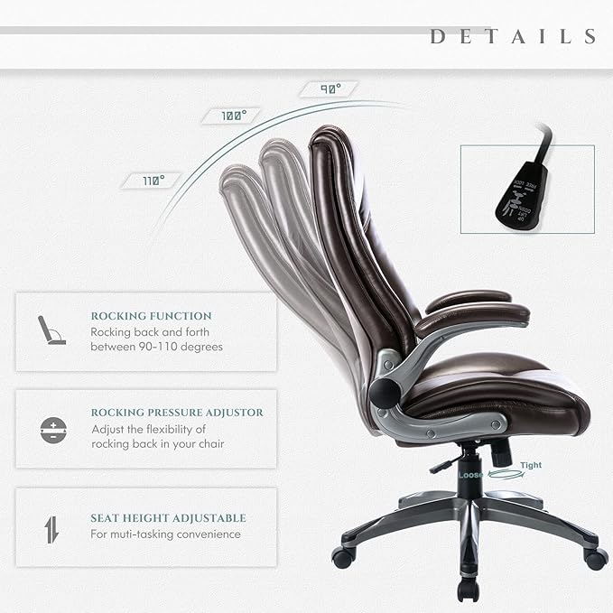 Leather Executive Office Chair - High Back Home Computer Desk Chair with Padded Flip-up Arms, Adjustable Tilt Lock, Swivel Rolling Ergonomic Chair for Adult Working Study, Brown
