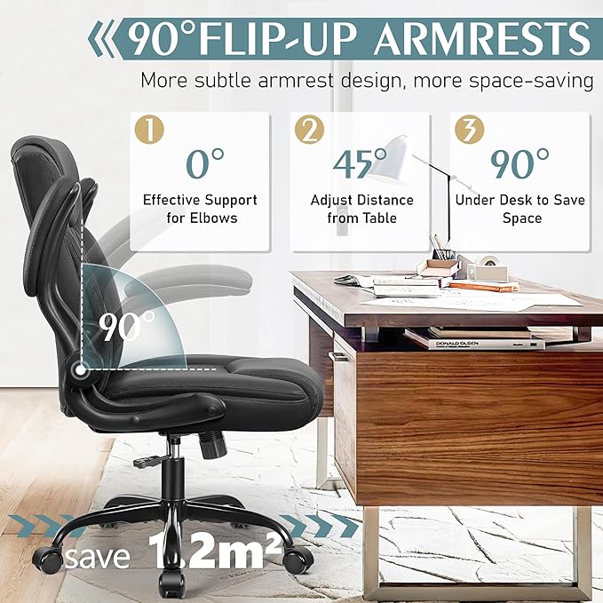 Leather Office Chair, PU Home Computer Desk Chairs with Ergonomic Back Support, 360°Swivel Free,Small Gaming Chair with Wheels and Adjustable Armrests, for Short People Use, Black