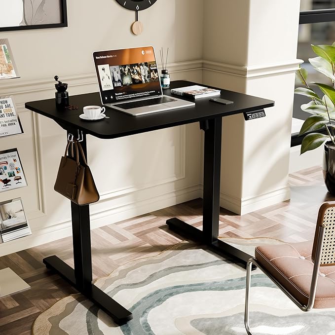 ERGOMAKER Electric Height Adjustable Standing Desk 80x60cm (31"x23.6"), Sit Stand Desk with Splicing Top for Home Office (Black Frame, Black Desktop)