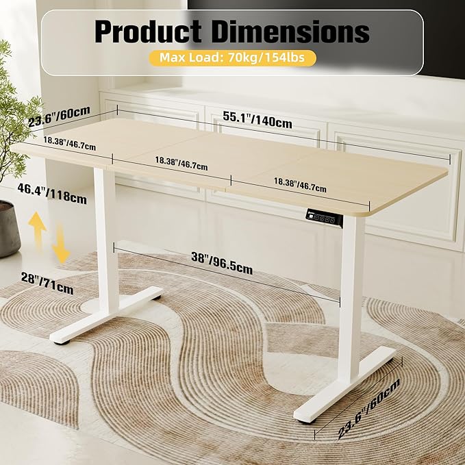 ERGOMAKER Electric Standing Desk, 55" x 23.6" Height Adjustable Sit Stand Desk with Splice Board for Home Office, Computer Desk Memory Preset (White Frame, Gold Oak Desktop)